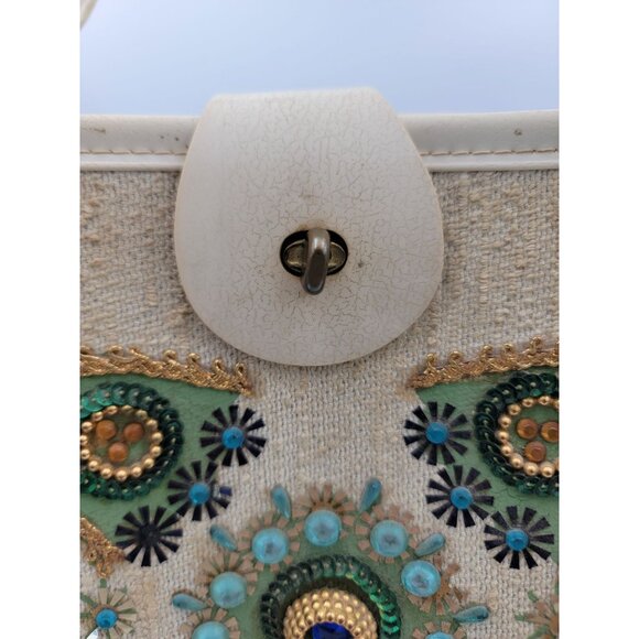 1960s Tote Bag Colins Jeweled Floral Beaded Design Button Closure Wood Bottom - Picture 9 of 16